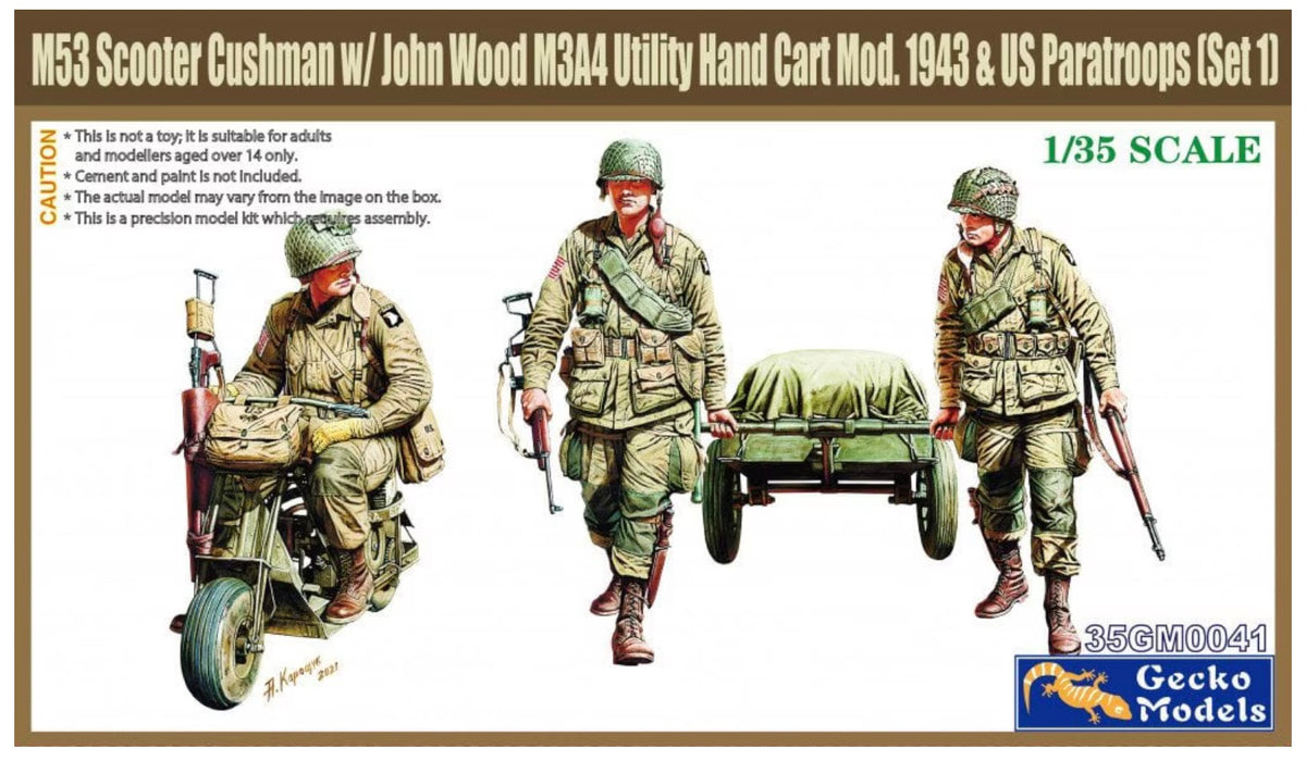 Gecko 35GM0041 WWII US Paratroops w/Cushman Parascooter & John Wood M3A4 Utility Hand Cart Mod.1943 (Set 1)