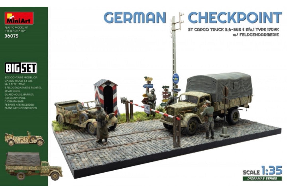 Miniart 36075 German Checkpoint 3T Cargo Truck 3.6-36s and Kfz.1 Type 170VK with Feldgendarmerie
