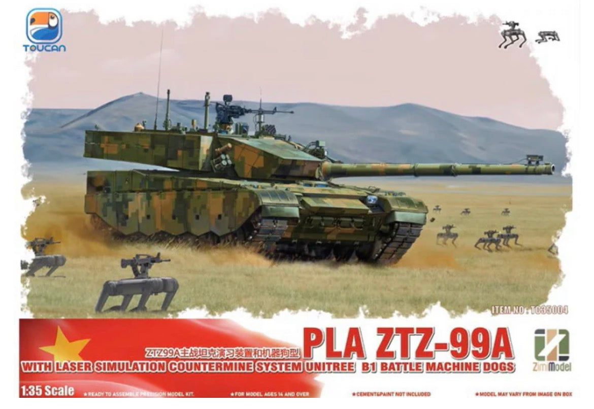 Toucan TC35004 ZTZ-99A MBT with Laser Simulation Countermine System and Unitree B1 Battle Machine Dogs